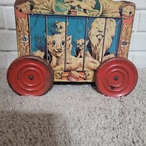 Vintage Animal Toy Cart with Red Wheels
